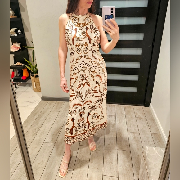 House of Harlow 1960 Satin Halter Maxi Dress Tropical Birds Print Tassels M - Picture 6 of 6